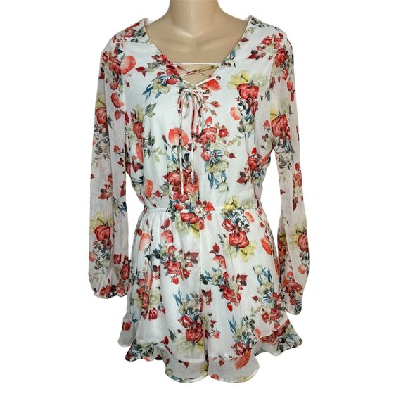 Disney Small Beauty & Beast Floral Long-Sleeve Romper Lace-Up V-Neck Dress - Picture 1 of 9